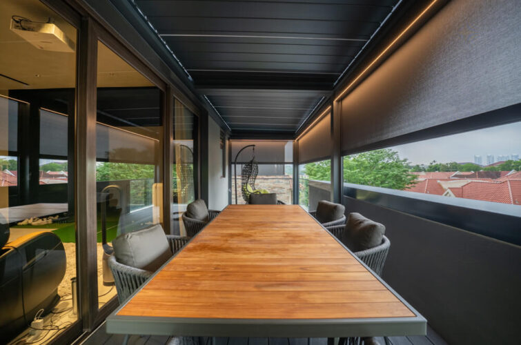 Pergola Motorised Louvre LED Shelter Singapore Roof with zip blinds ziptrak installed condo balcony smart home