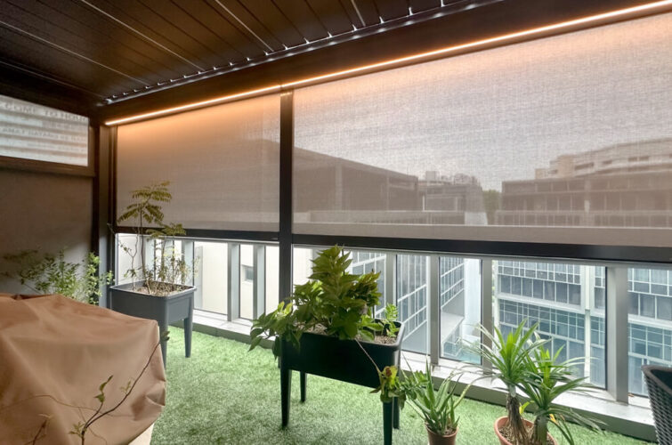 Pergola Motorised Louvre LED Shelter Singapore Roof with zip blinds ziptrak installed condo balcony smart home