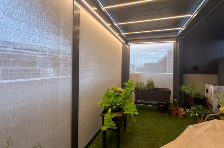 Pergola Motorised Louvre LED Shelter Singapore Roof with zip blinds ziptrak installed condo balcony smart home