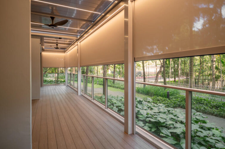 Pergola Motorised Louvre LED Shelter Singapore Roof with zip blinds ziptrak installed condo balcony smart home