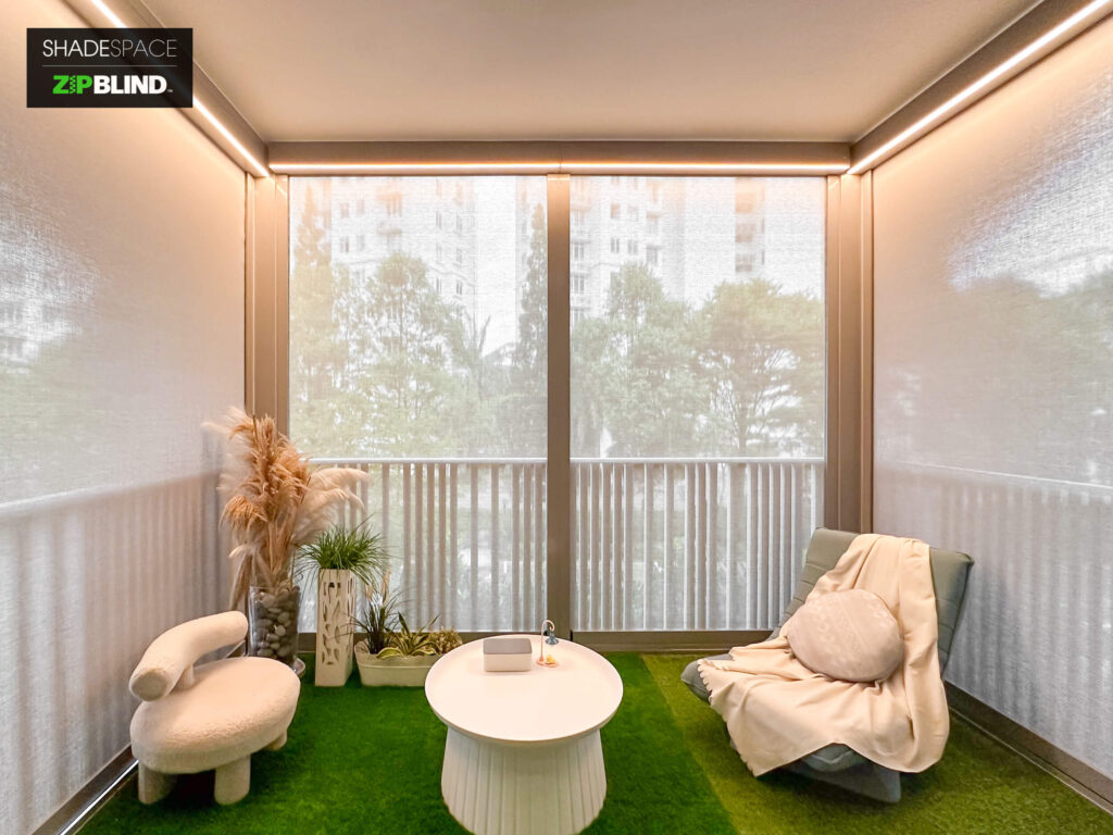 Ziptrak Cosy Condo Balcony with Lighted ZipBlinds by ShadeSpace singapore