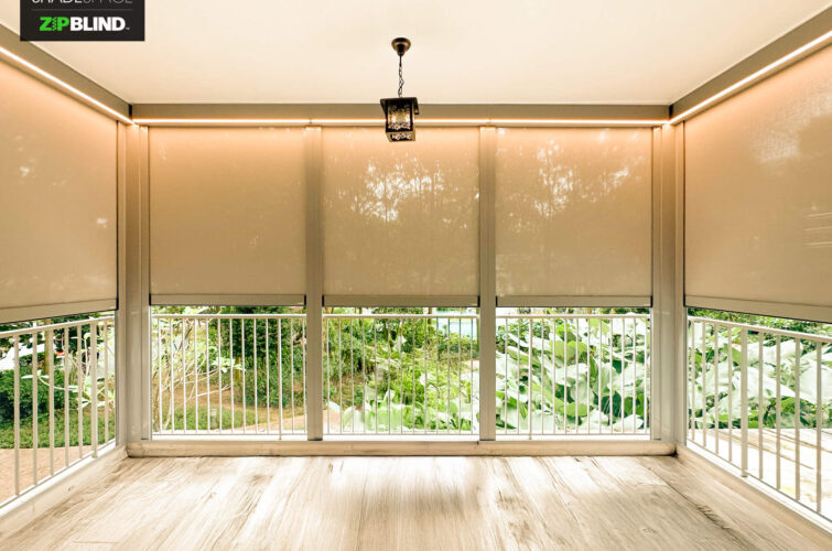 LED lighted ZipBlind in Singapore condominium balcony by ShadeSpace. With Decking cosy